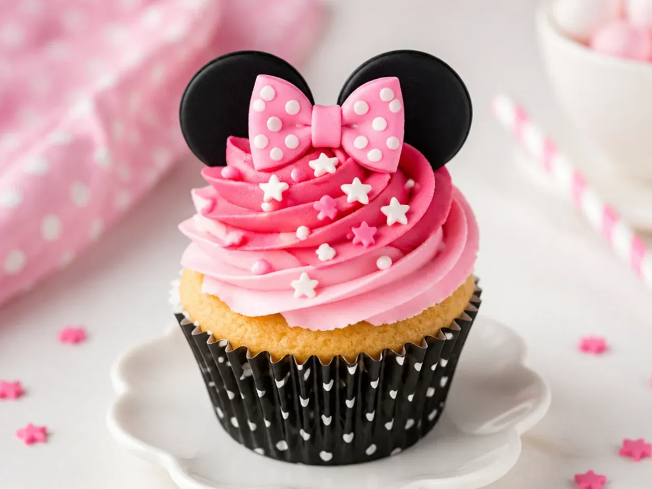 Modern ombre pink Minnie Mouse cupcakes with two-tone swirl