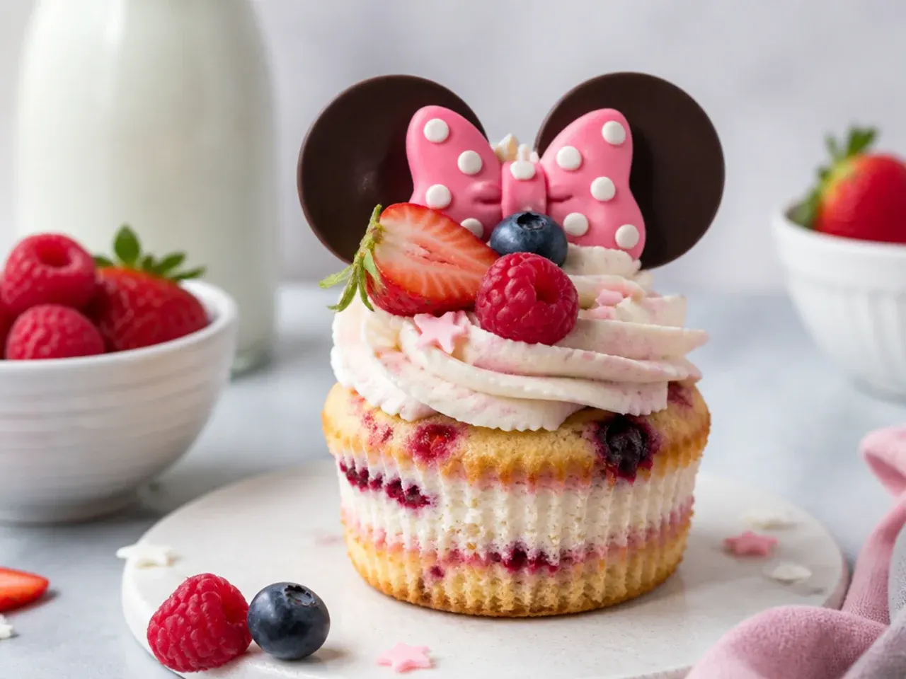 Rustic naked-frosting Minnie Mouse cupcakes topped with berries