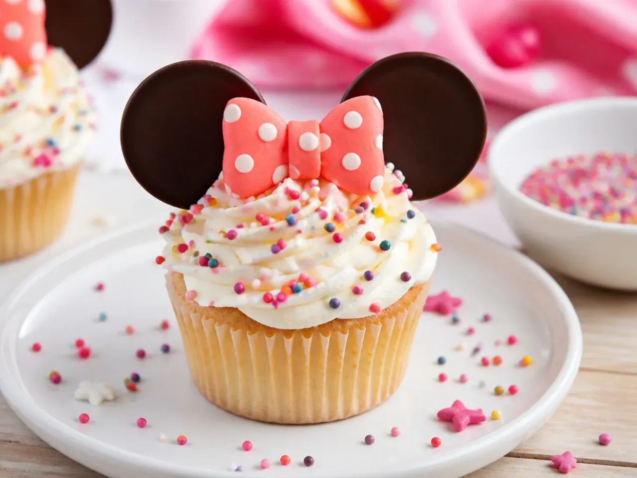 Colorful rainbow sprinkle Minnie Mouse cupcakes with coated ears