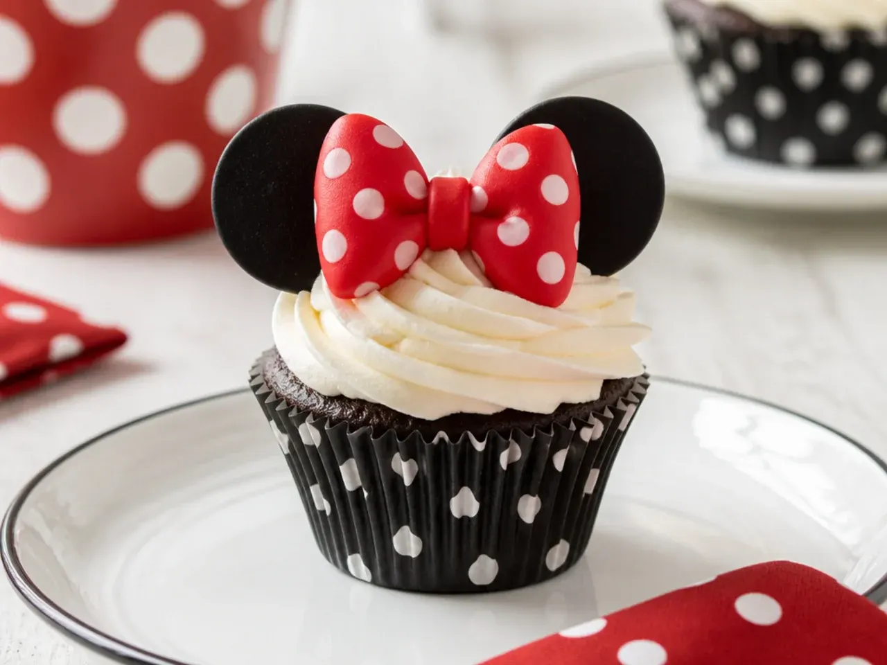 Minimal Minnie Mouse cupcakes with a single polka-dot bow topper