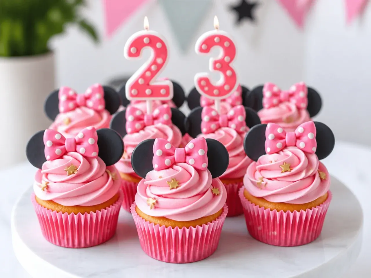 Festive birthday Minnie Mouse cupcakes with number candles
