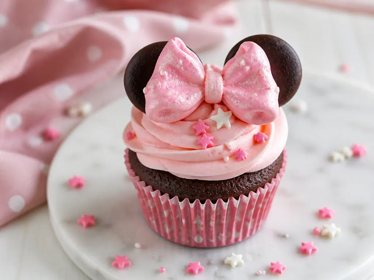 Whimsical Minnie Mouse cupcakes topped with pink meringue bows