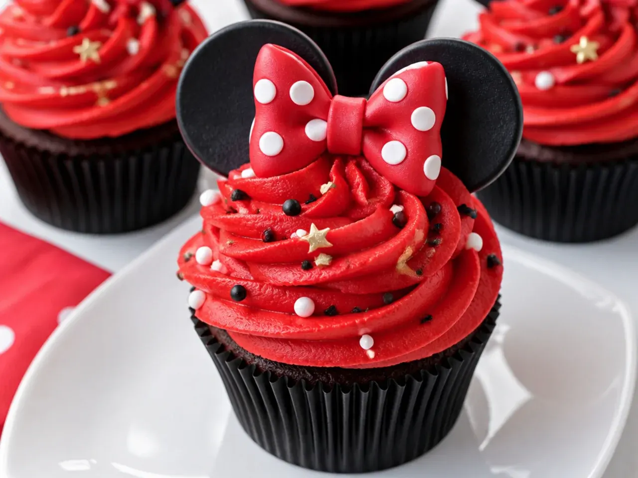 Bold black and red high-contrast Minnie Mouse cupcakes