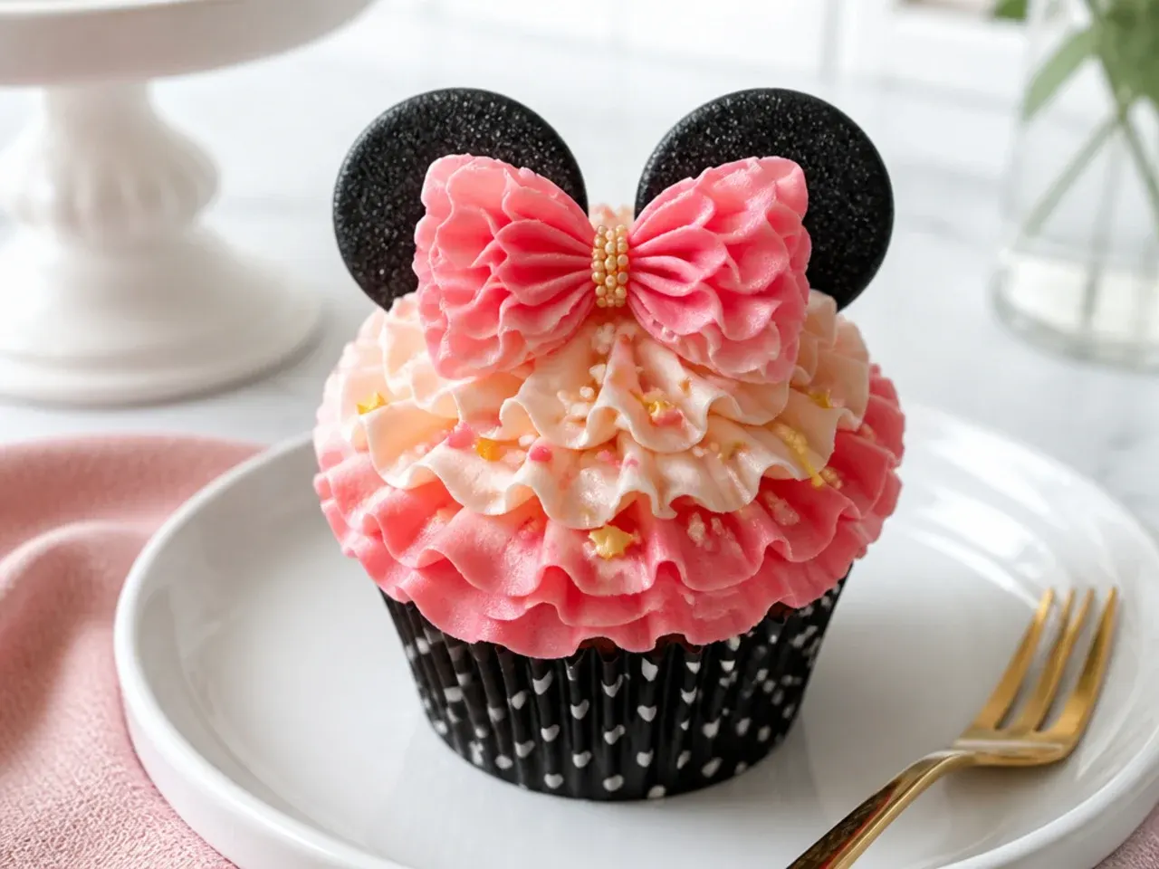 Delicate piped buttercream ruffle bow Minnie Mouse cupcakes