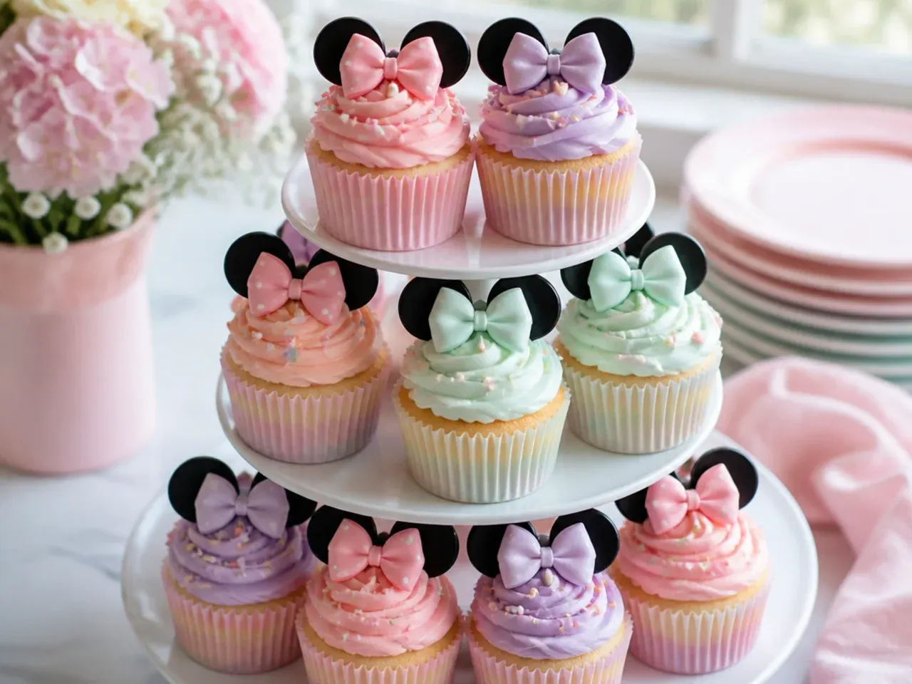 Vintage pastel ombre Minnie Mouse cupcakes on a tiered stand