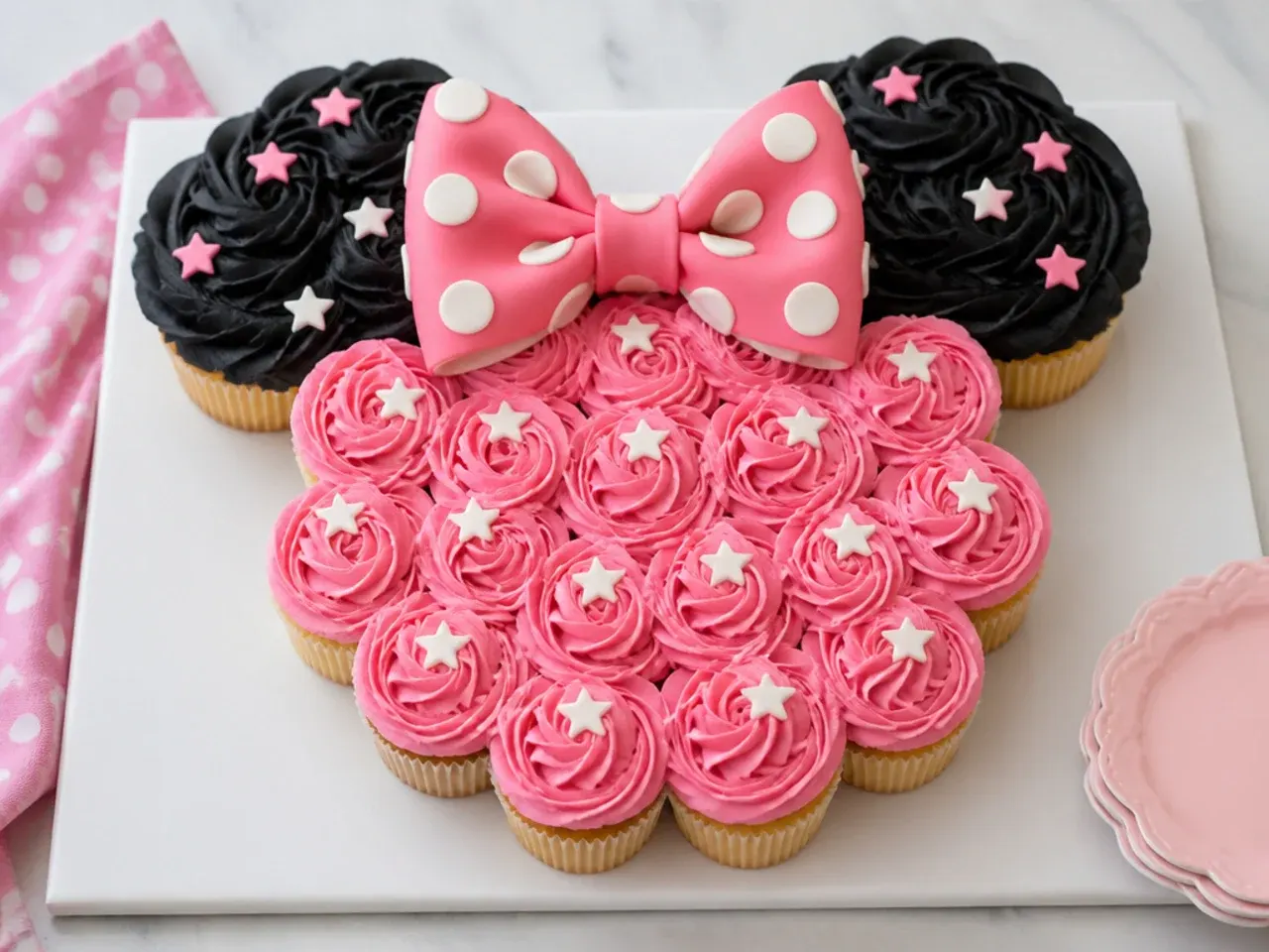 Creative pull-apart Minnie Mouse cupcake cake arrangement