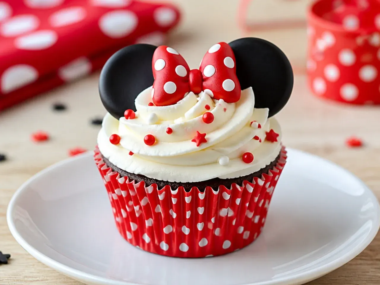 Classic red polka-dot liner Minnie Mouse cupcakes