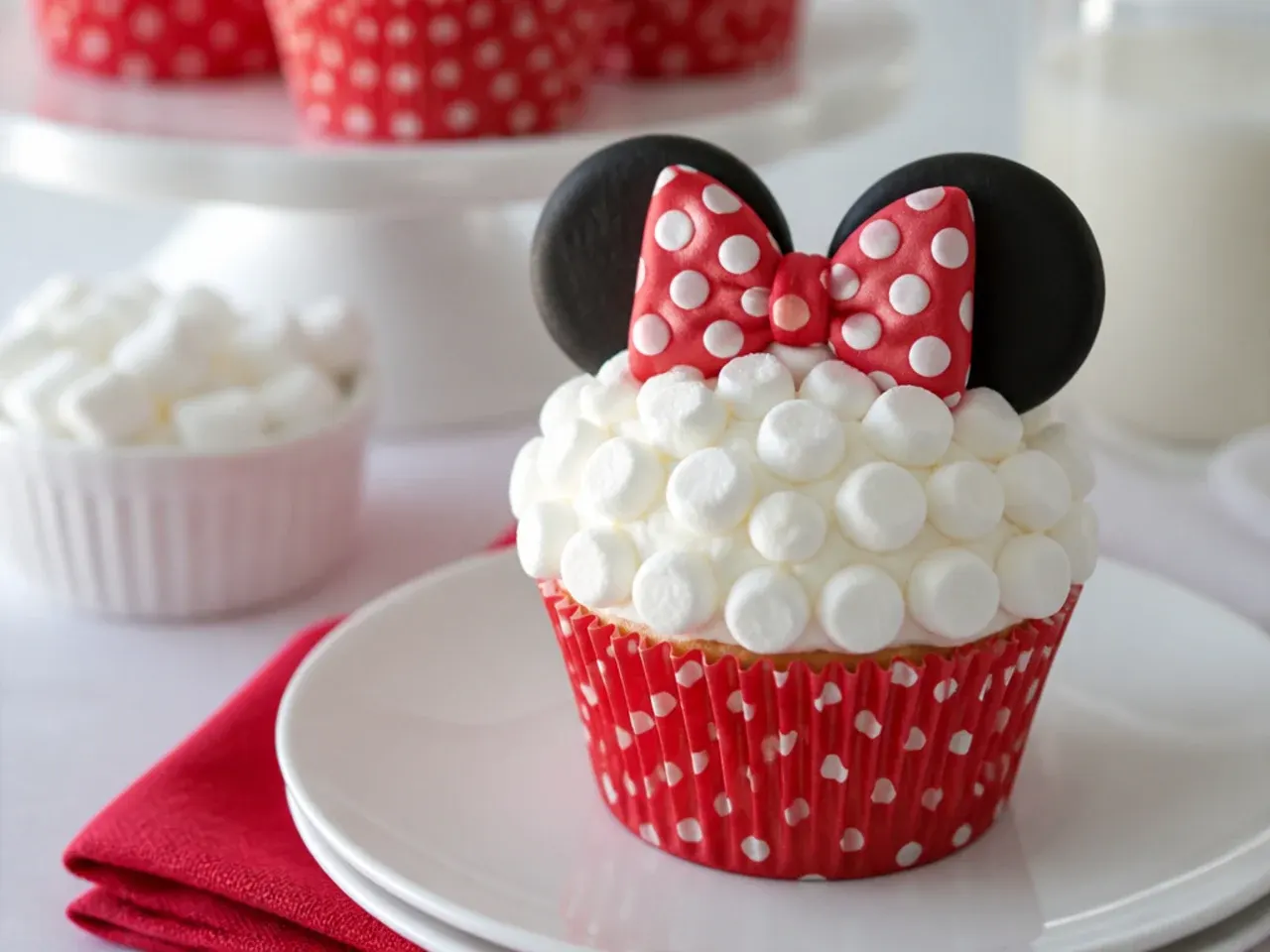 Easy marshmallow polka-dot Minnie Mouse cupcakes