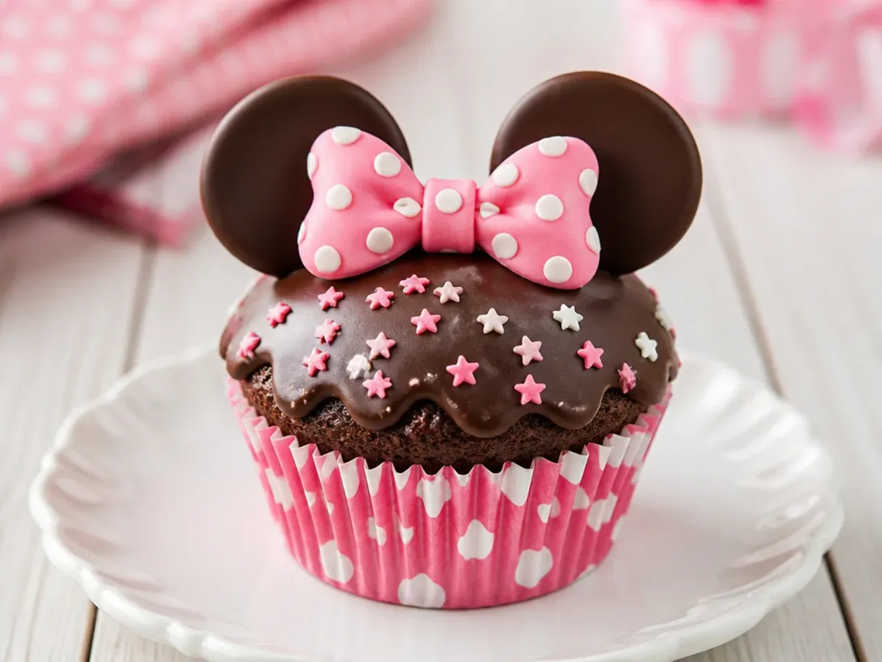 Elegant chocolate-dipped bow Minnie Mouse cupcakes