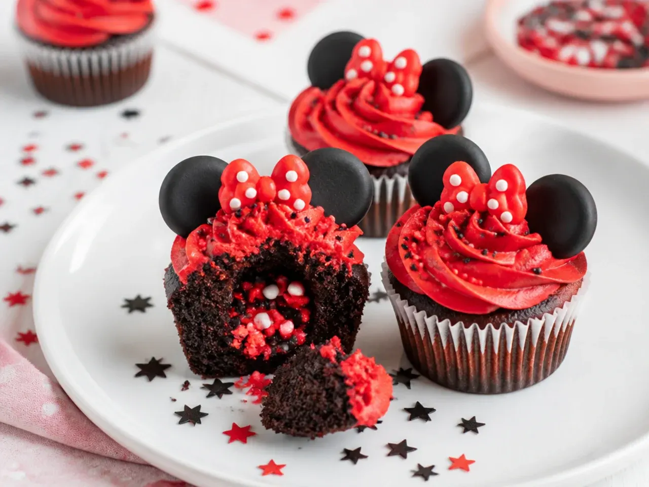 Playful surprise-filled Minnie Mouse cupcakes with hidden center