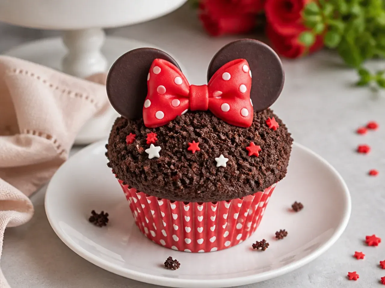 Rustic chocolate crumb-coated Minnie Mouse cupcakes