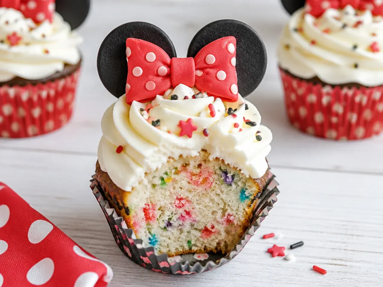 Colorful confetti-cake Minnie Mouse cupcakes with sprinkles inside