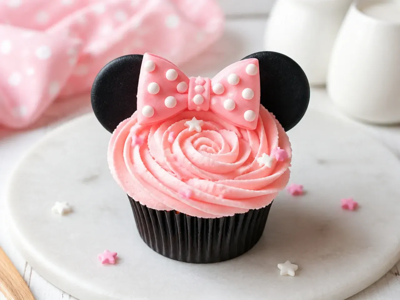 Minimal buttercream-only Minnie Mouse cupcakes with piped ears