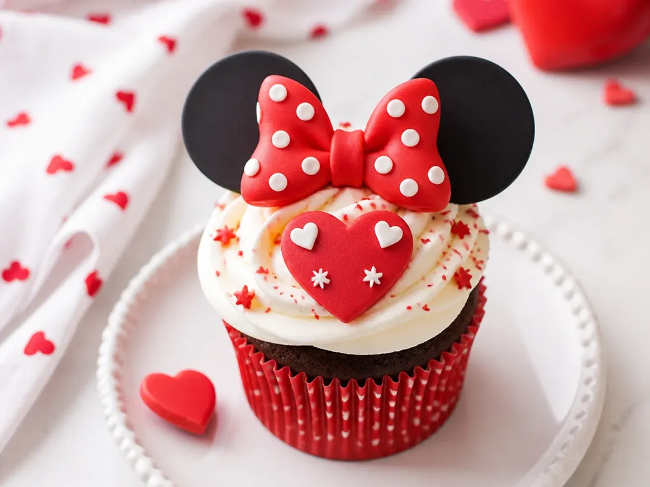 Festive Valentine red-heart Minnie Mouse cupcakes