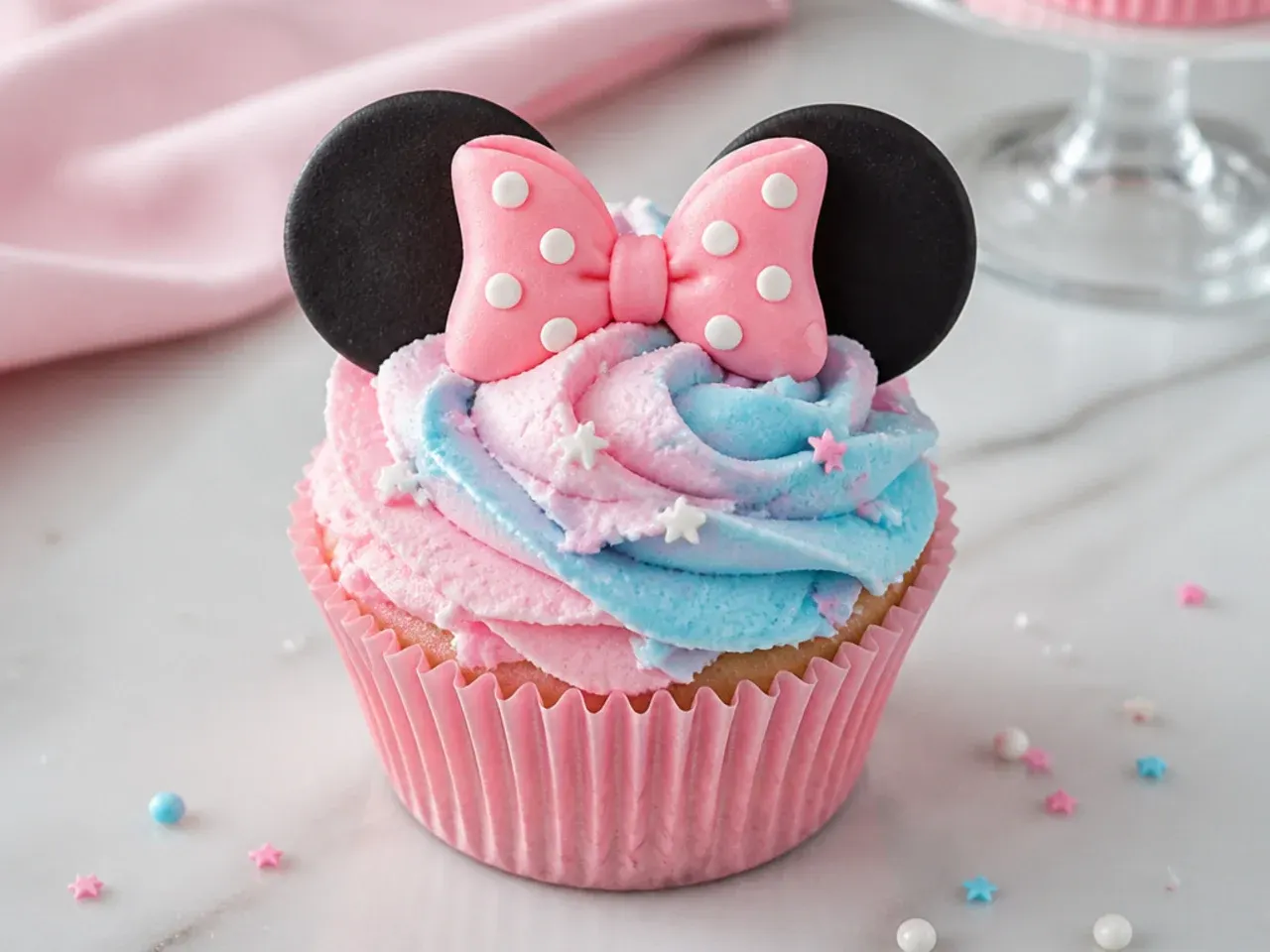 Whimsical cotton-candy-flavored Minnie Mouse cupcakes