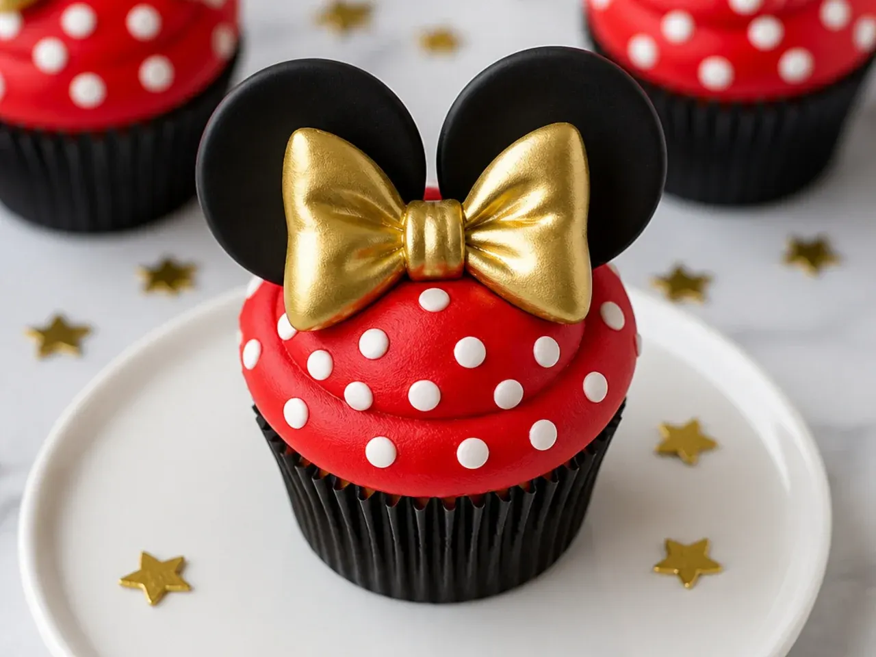 Bold metallic gold bow Minnie Mouse cupcakes