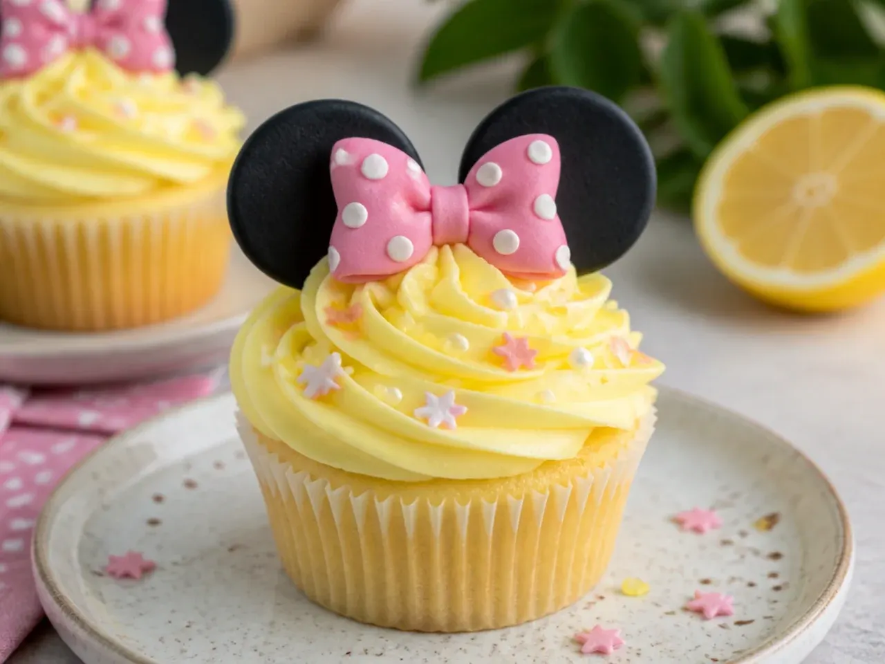 Delicate lemon buttercream Minnie Mouse cupcakes for spring
