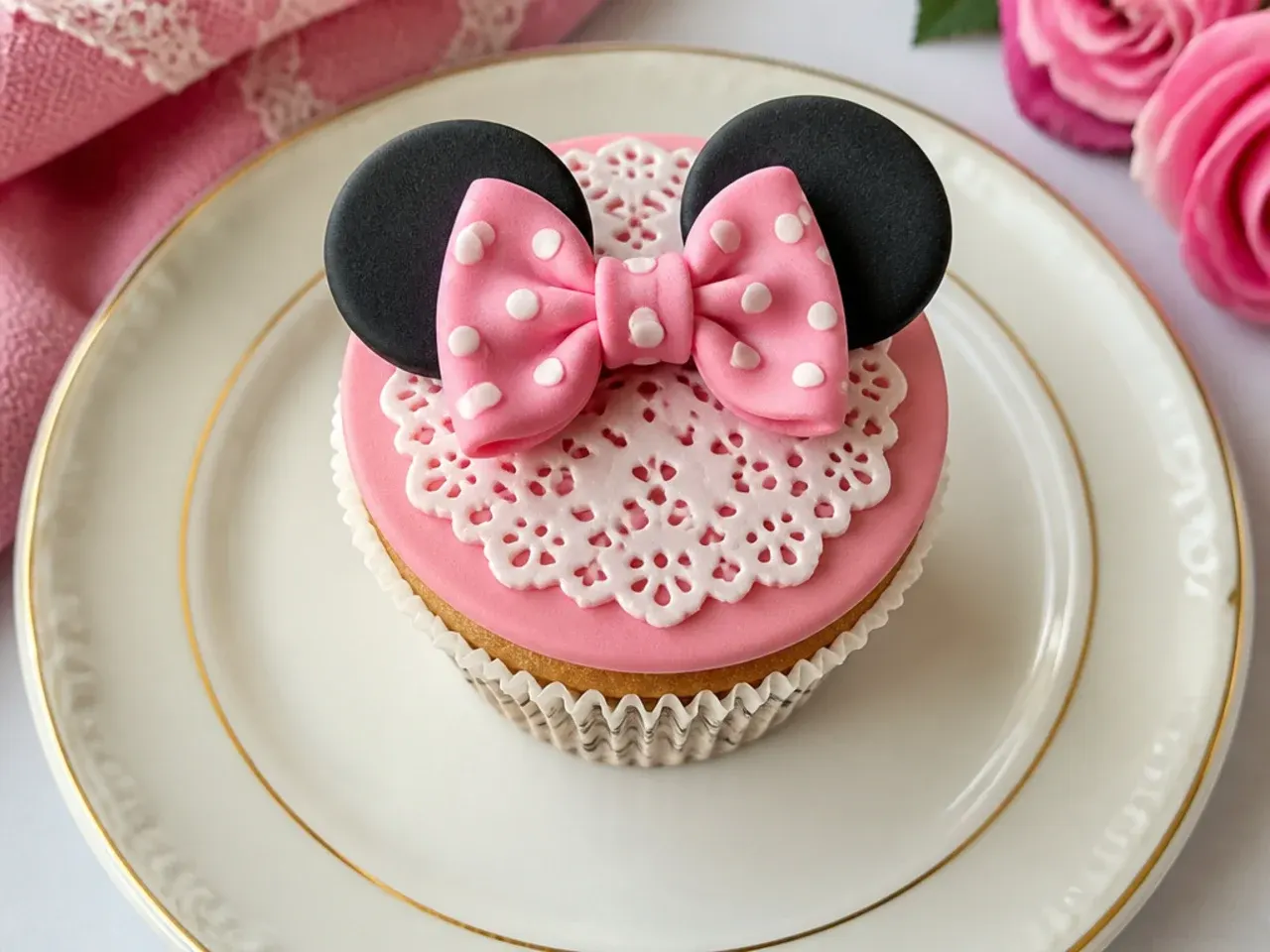 Vintage lace-doily fondant Minnie Mouse cupcakes