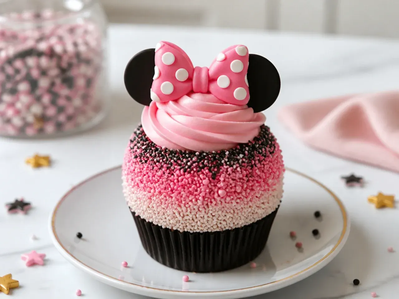 Creative ombre sprinkle-coated Minnie Mouse cupcakes