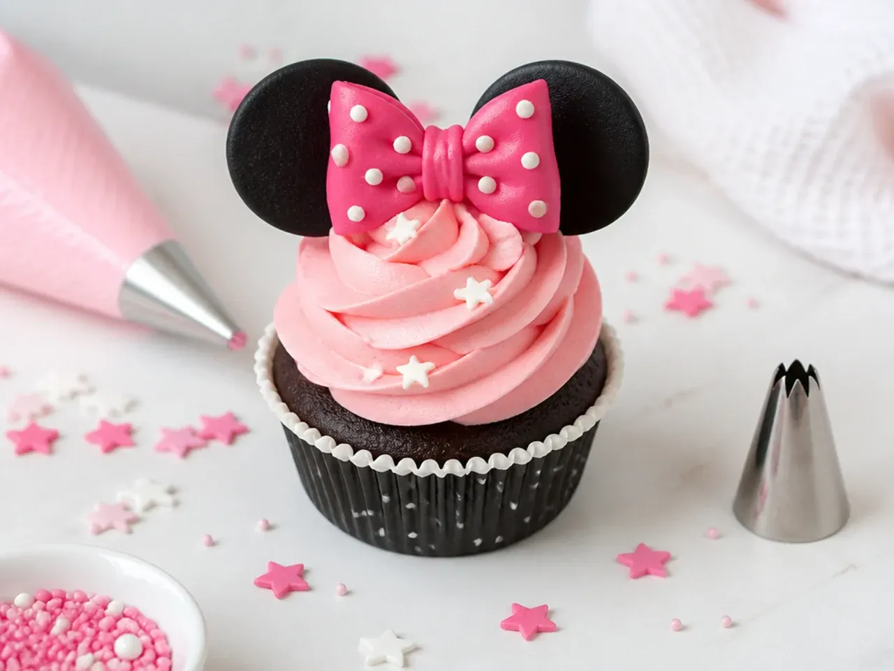 Tips for making Minnie Mouse cupcakes easier with piping tools
