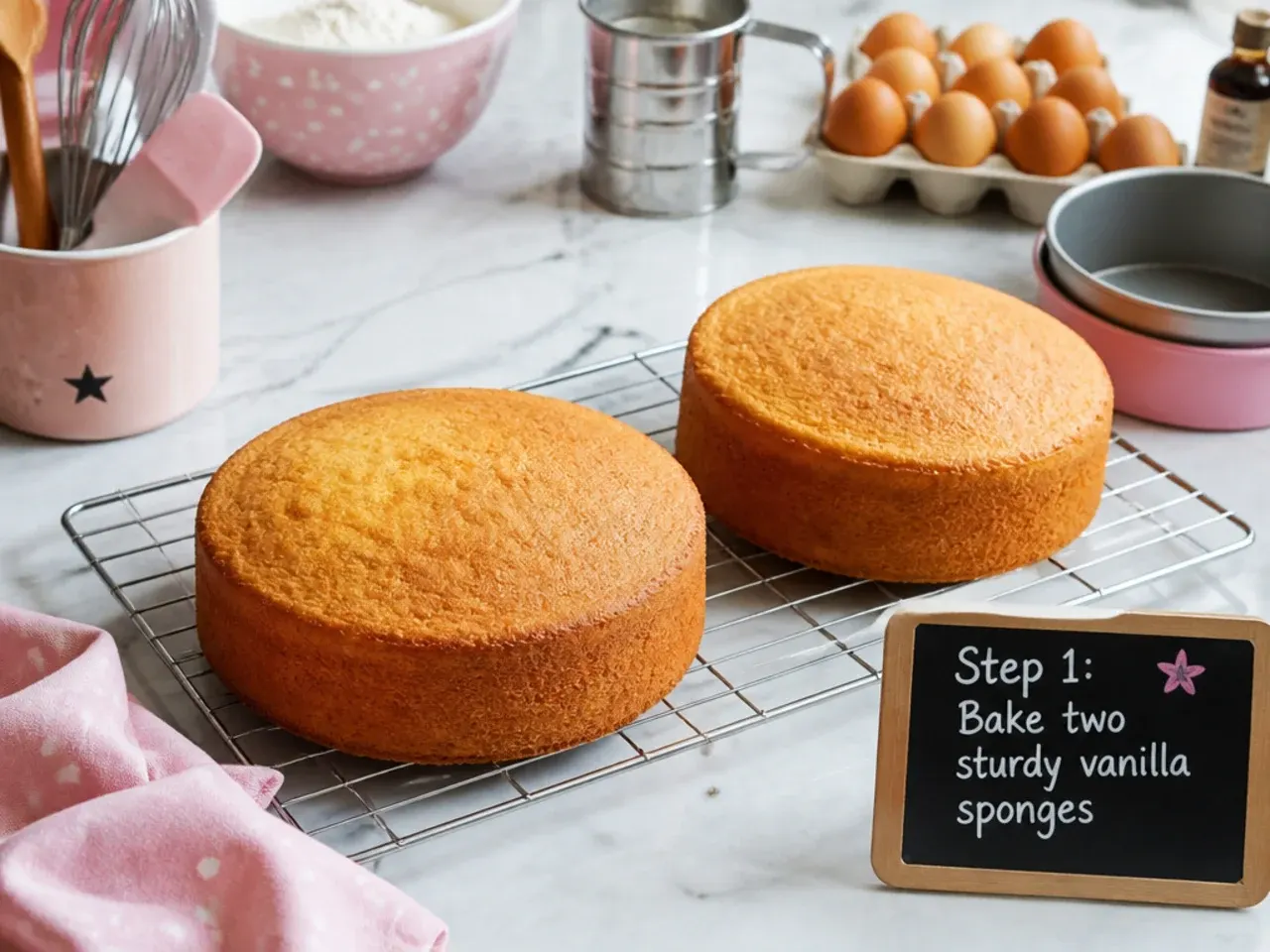 minnie mouse fondant cake — step 1: bake two sturdy vanilla sponges