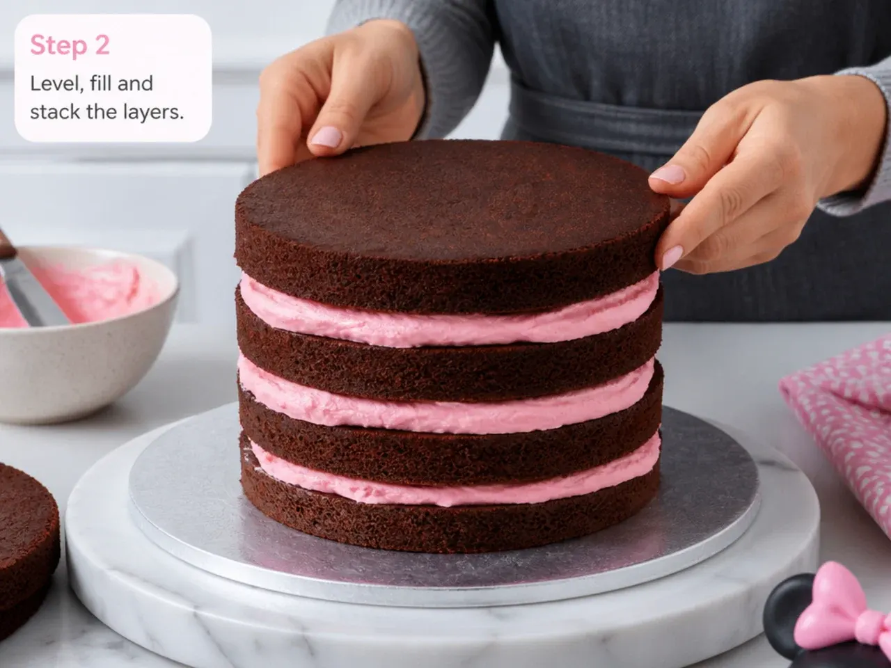 minnie mouse fondant cake — step 2: level, fill and stack the layers