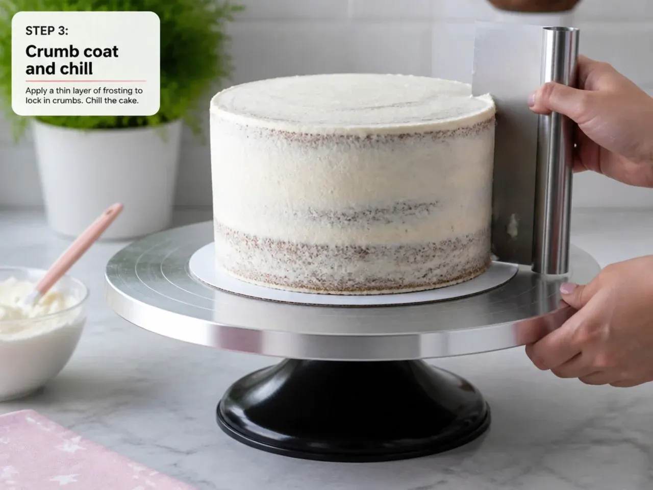minnie mouse fondant cake — step 3: crumb coat and chill