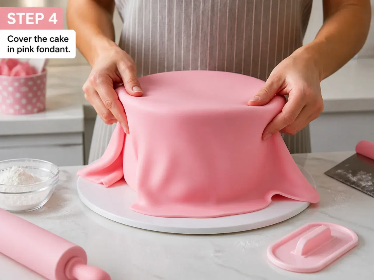 minnie mouse fondant cake — step 4: cover the cake in pink fondant