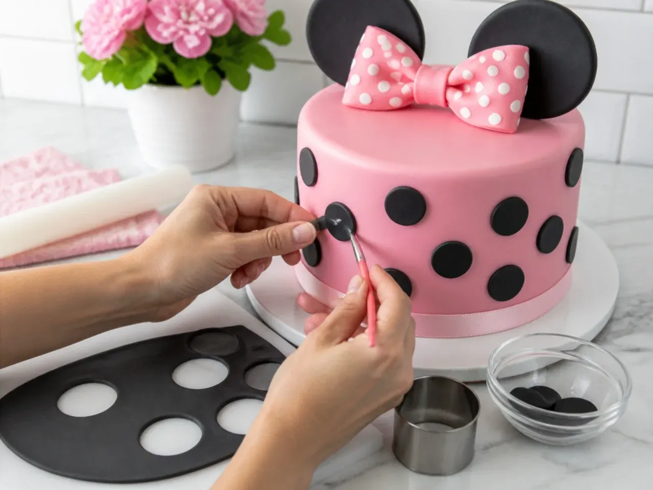 minnie mouse fondant cake — step 5: cut and apply black polka dots