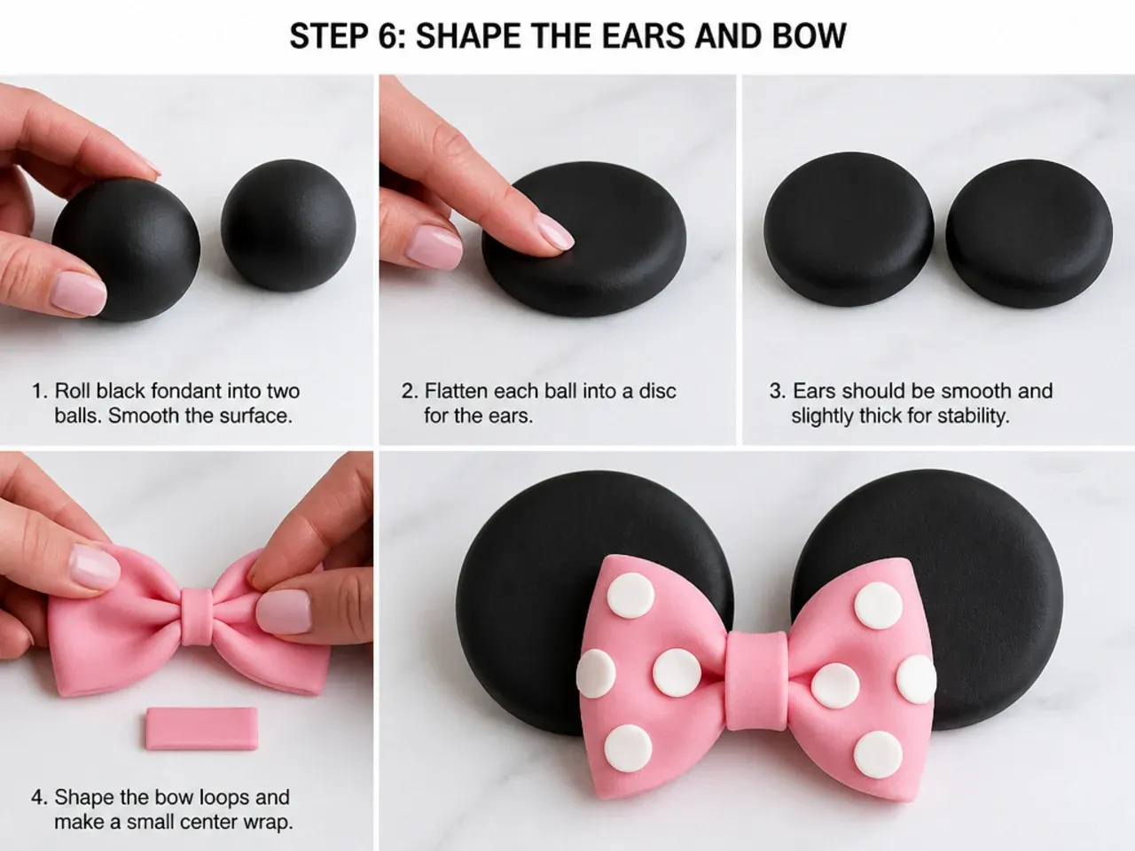 minnie mouse fondant cake — step 6: shape the rounded ears and bow