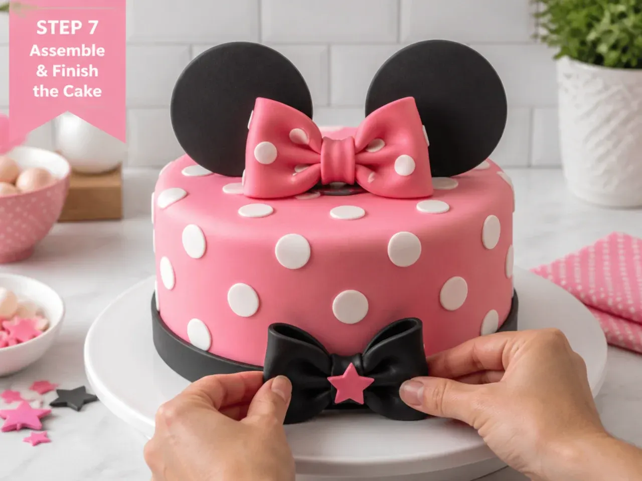 minnie mouse fondant cake — step 7: assemble and finish the cake