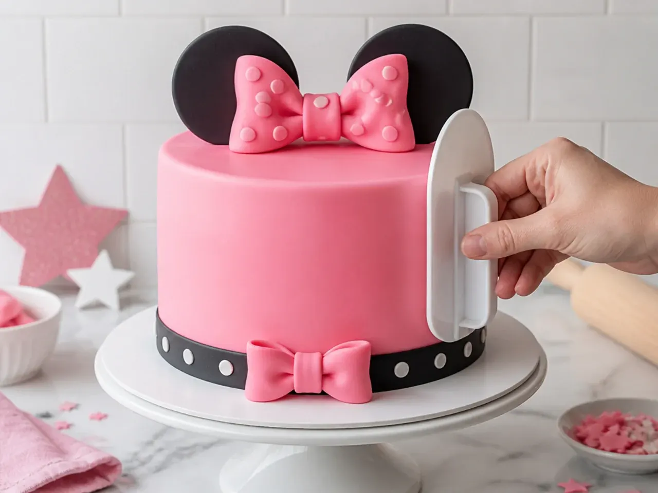Minnie Mouse fondant cake being smoothed with a fondant smoother on pink icing