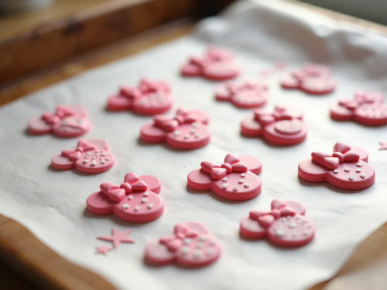 Minnie Mouse fondant cake decorations drying on baking paper before storage
