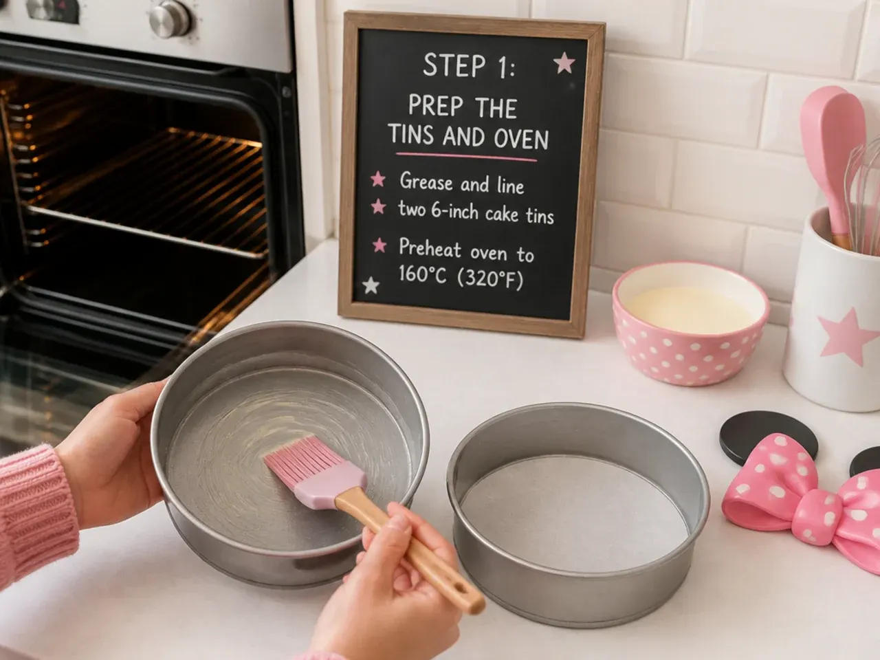minnie mouse smash cake — step 1: prep the tins and oven