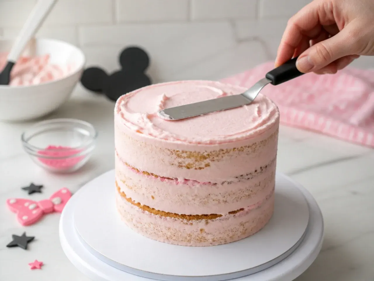 minnie mouse smash cake — step 5: fill, stack and crumb coat