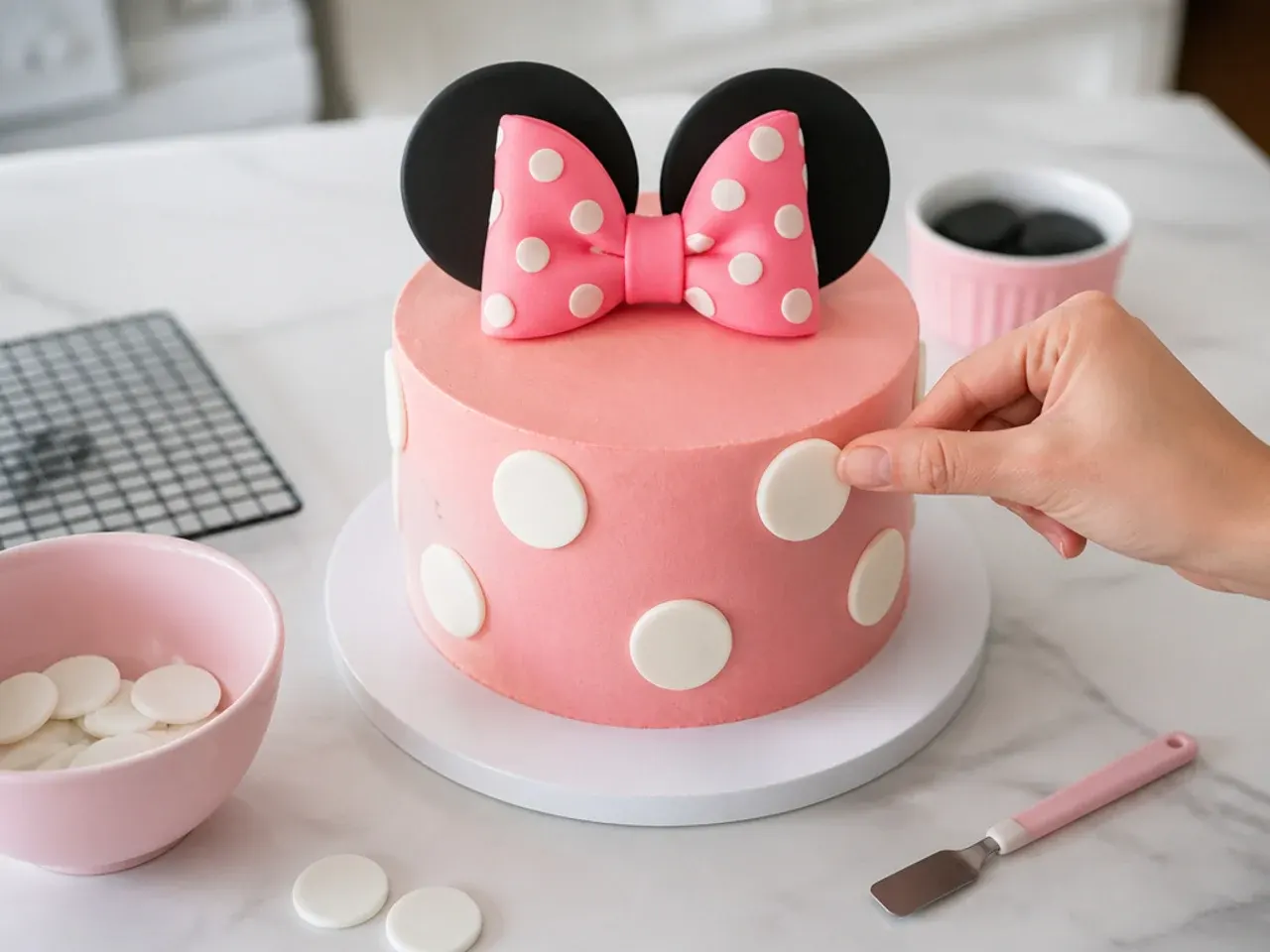 minnie mouse smash cake — step 6: frost and add the polka dots