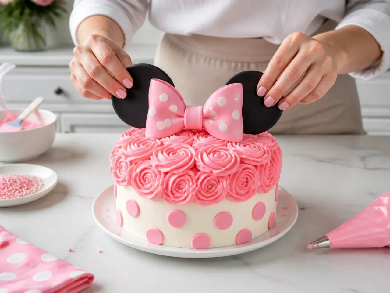 minnie mouse smash cake — step 7: add the ears and bow