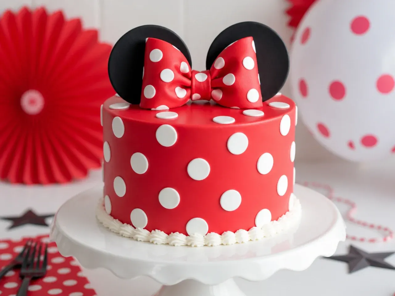 Classic red and white polka dot Minnie Mouse smash cake on a white cake stand