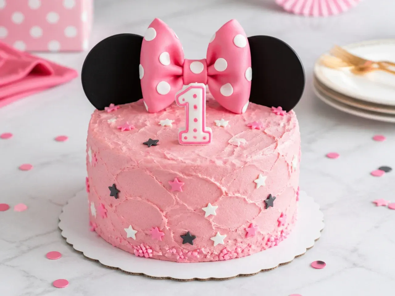 Easy boxed-mix pink smash cake with a bow topper for a first birthday
