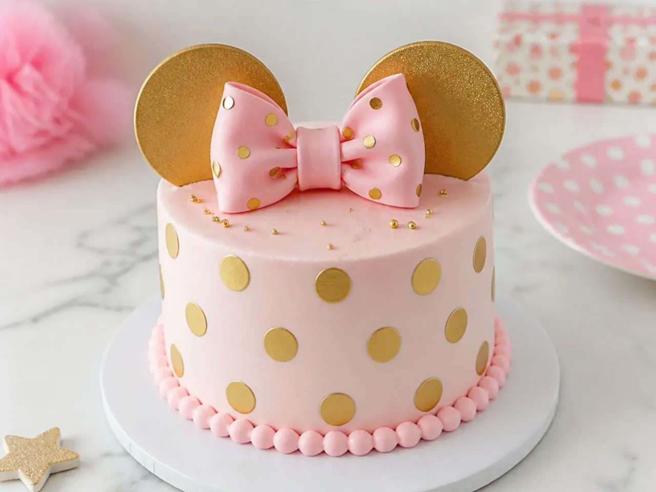 Blush pink and gold polka dot Minnie Mouse inspired smash cake