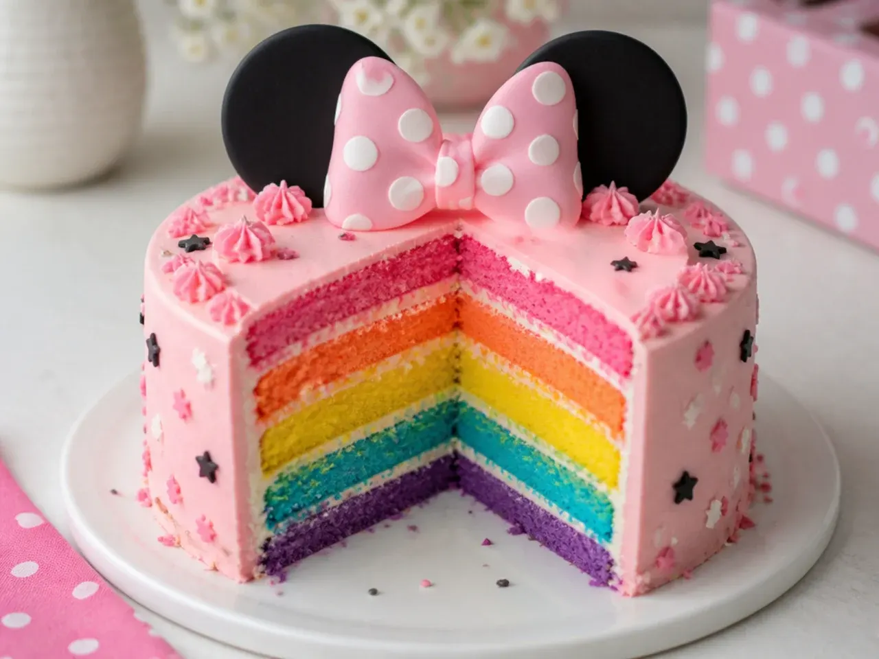 Pink smash cake cut open to reveal rainbow surprise layers