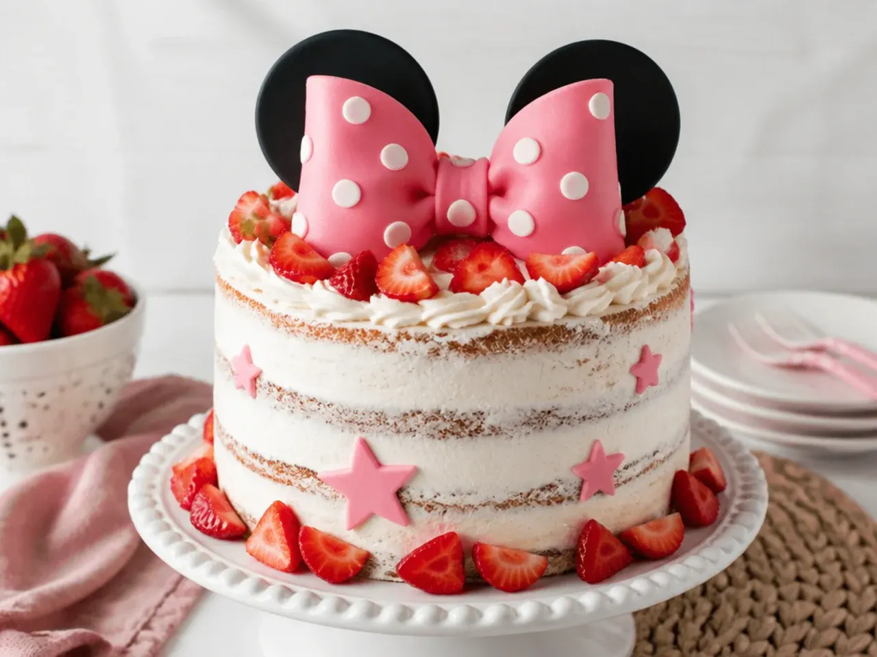 Semi-naked rustic smash cake with strawberries and a pink fondant bow