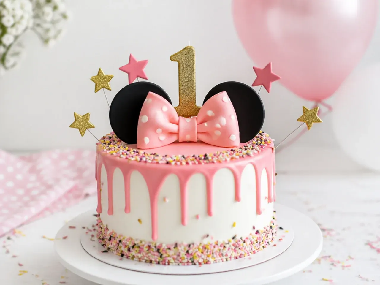 Confetti sprinkle first birthday smash cake with pink chocolate drip