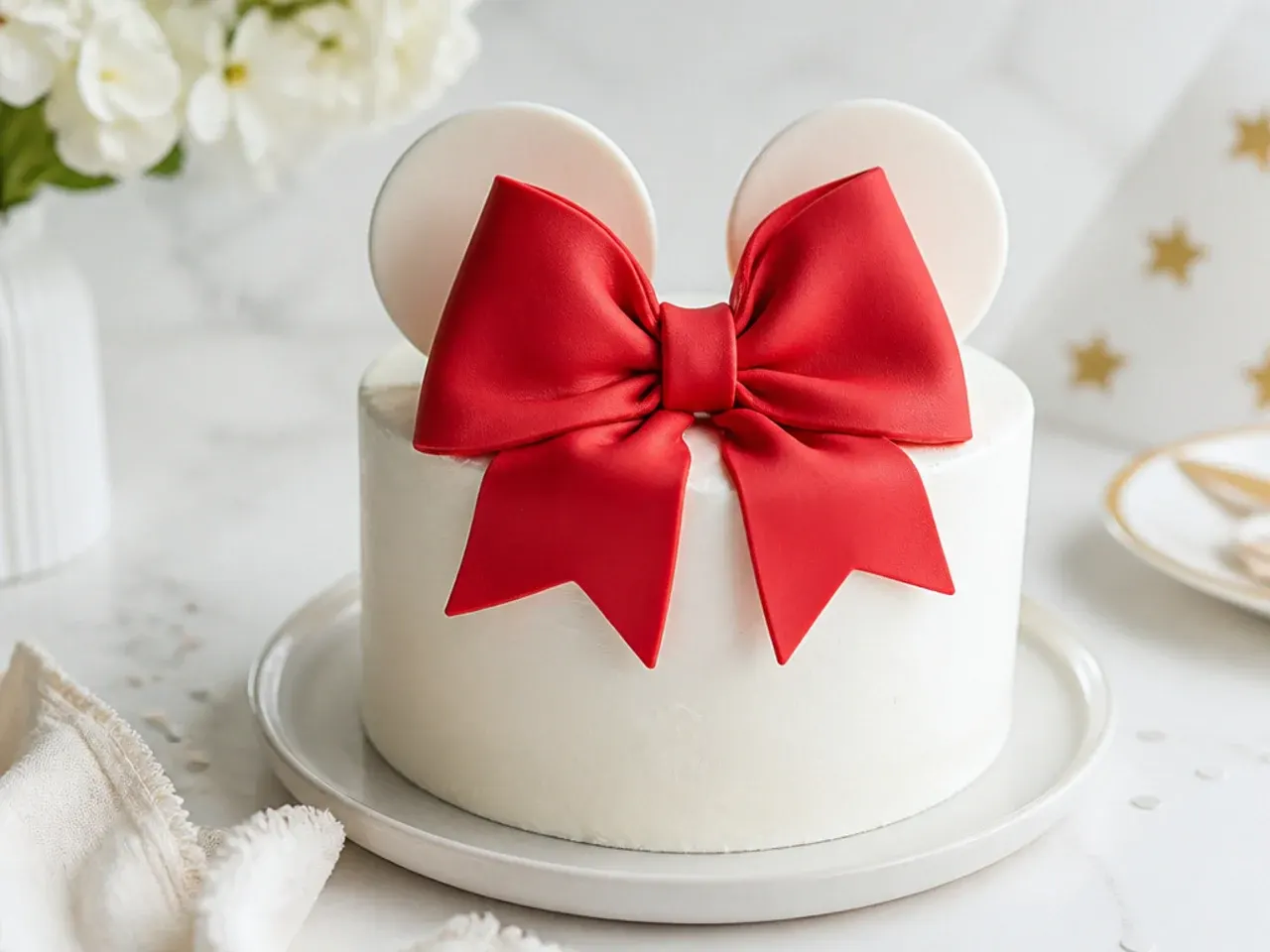 Minimal all-white smash cake with a single oversized red fondant bow