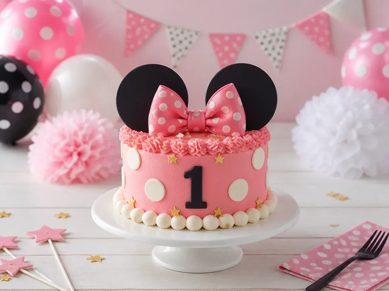 Festive balloon and bunting Minnie Mouse style smash cake