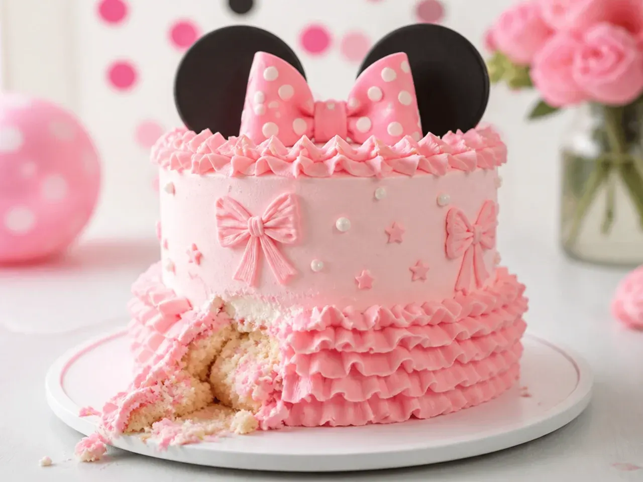 Pastel pink ruffle smash cake with piped bows for baby's first birthday