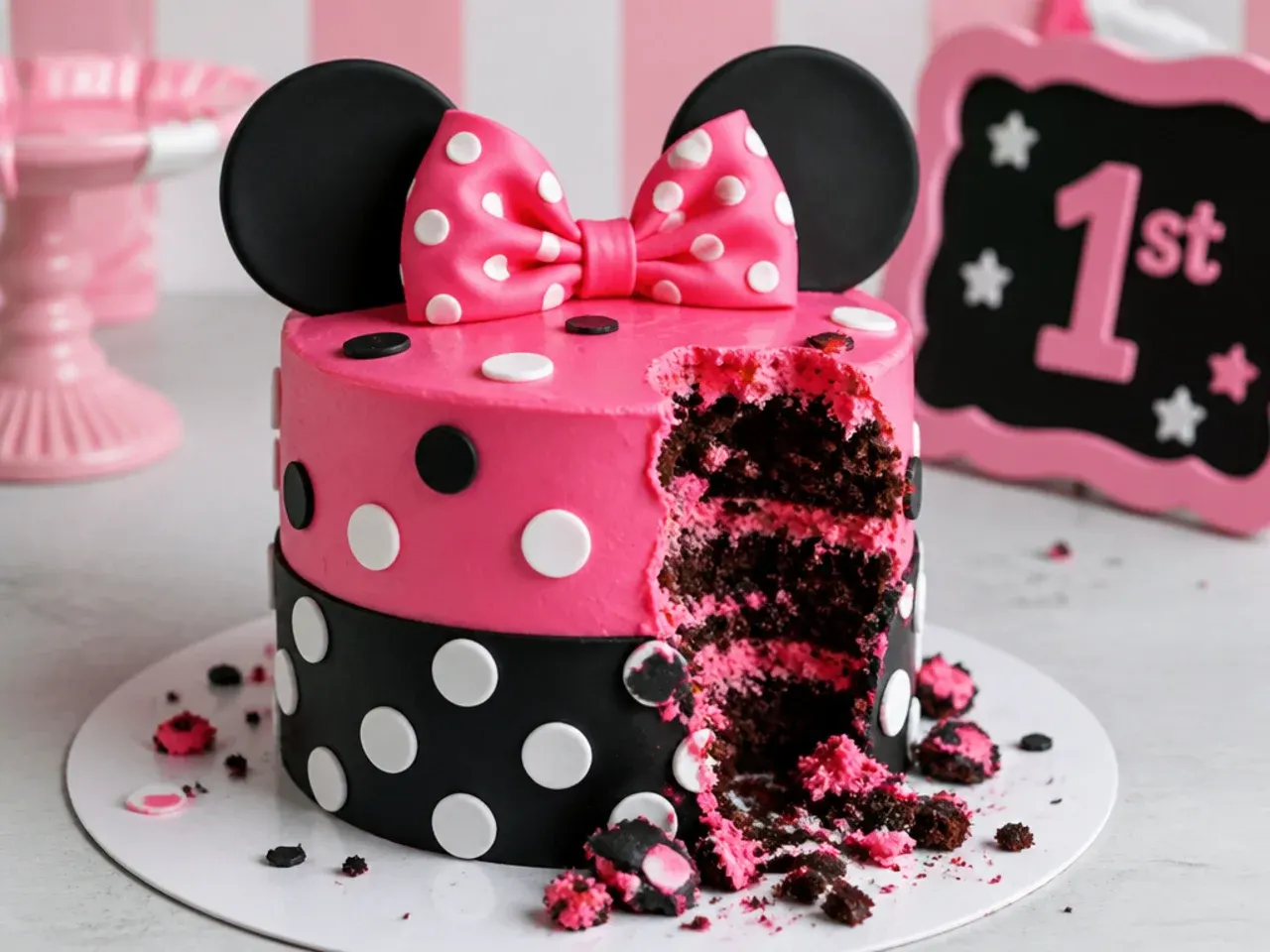 Bold hot pink and black colour-block polka dot smash cake