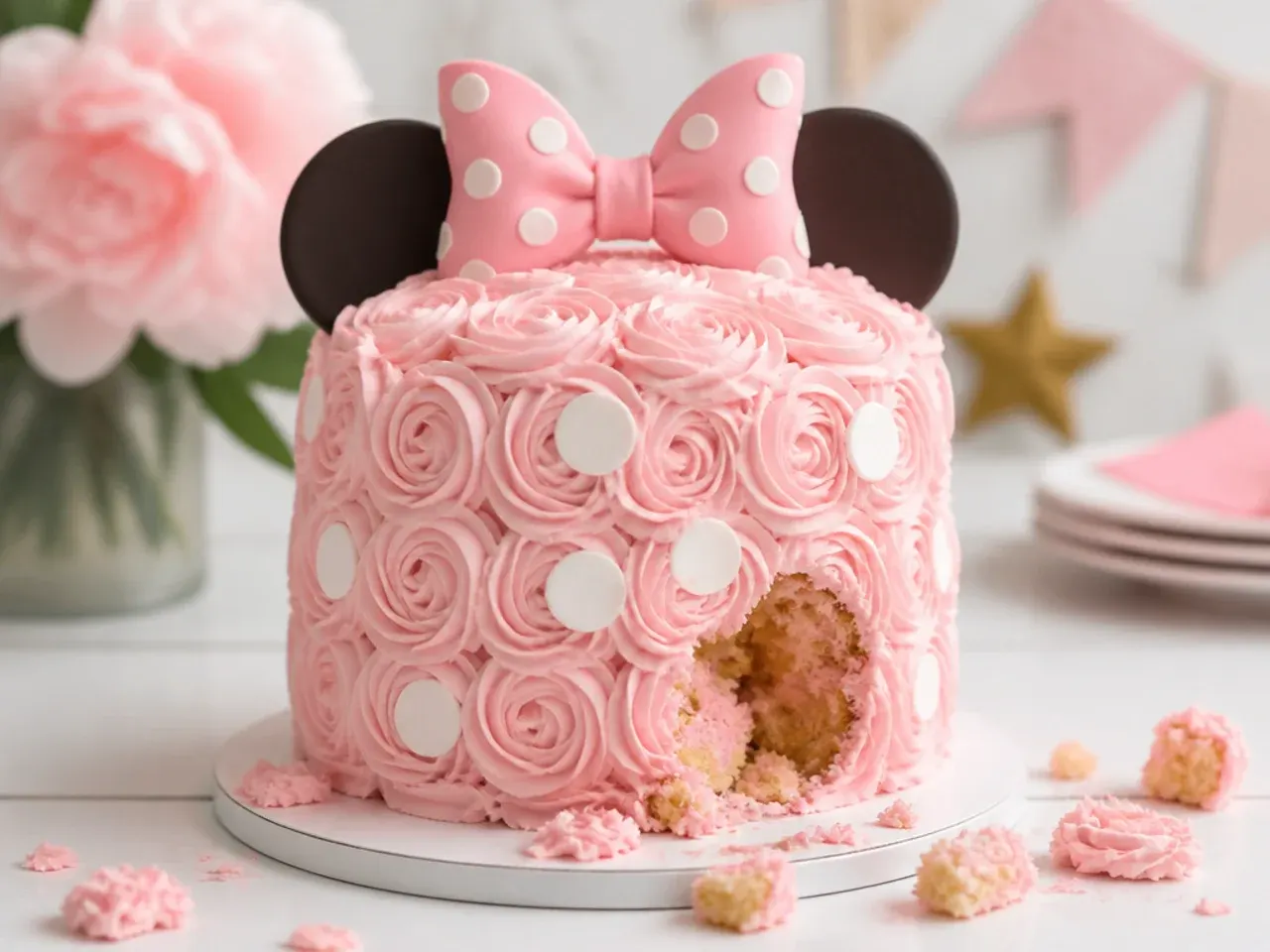 Baby pink rosette buttercream smash cake with white dots