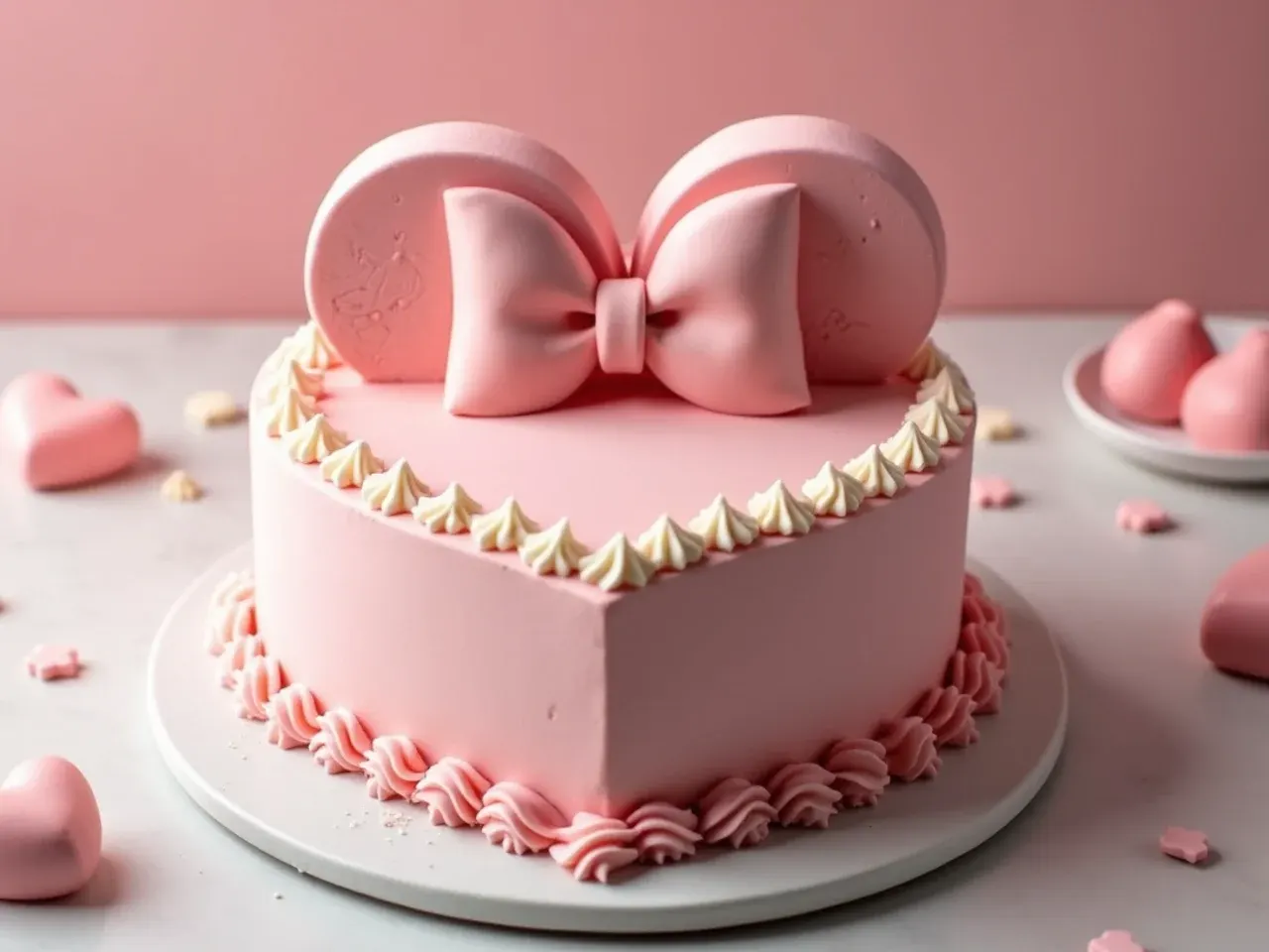 Vintage heart-shaped smash cake with piped shell borders in dusty pink