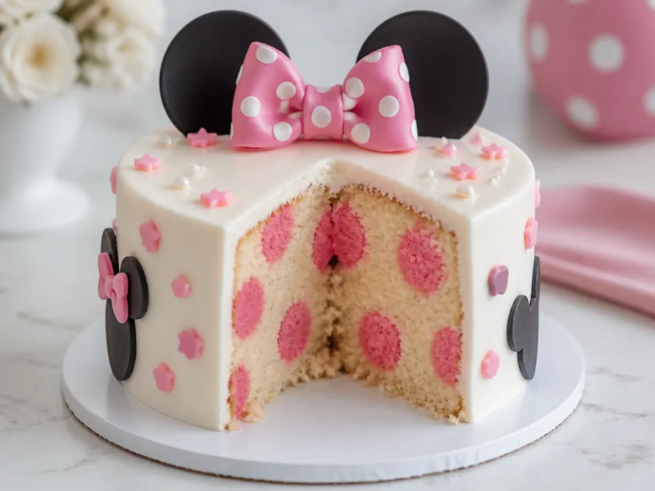 Hidden polka dot reveal smash cake with pink dots baked inside